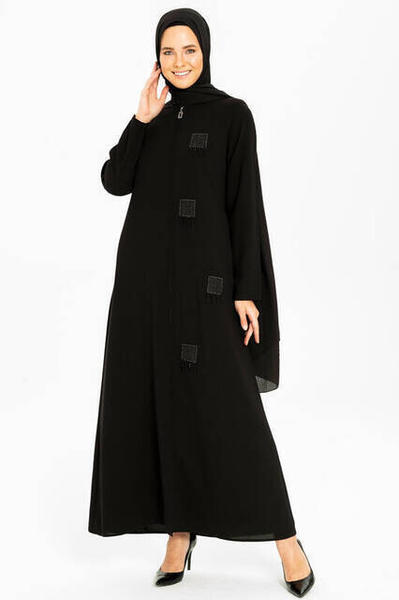 Beyza Efraze Fermuarlı Siyah Ferace