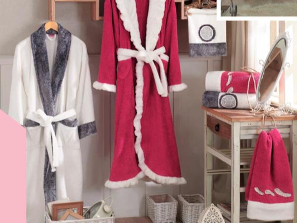 Ottoman Bamboo Bornoz Seti Vişne Krem | Hobby