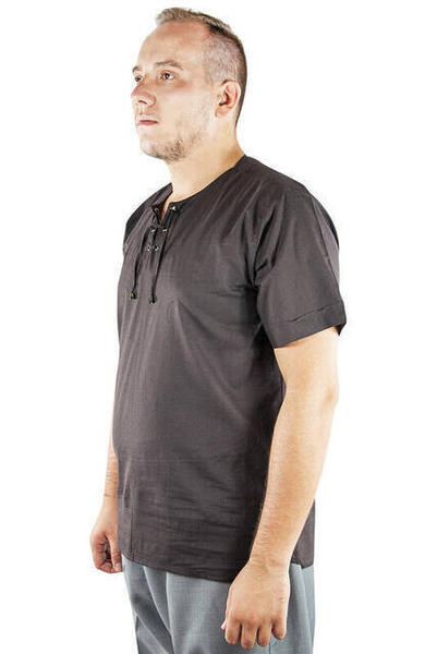 Chemise en lin à manches courtes et à col ras du cou - Marron