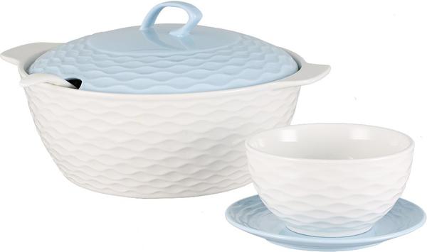 Bavary Fas 15 Parça Porselen Çorba Seti | Beyaz Mavi | 6 Kişilik | B4