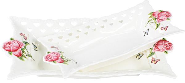 Almina 2'li Dekoratif Servis Kasesi Tabağı Porselen | Kalp ve Gül Motifli