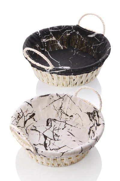 Queen's Kitchen | Mermer Desenli Yuvarlak Kumaş Kaplı Hasır Ekmeklik