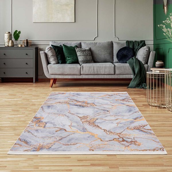 Siela | Mermer Desenli | Yıkanabilen Halı | Beyaz&Gold | 1713-Gold