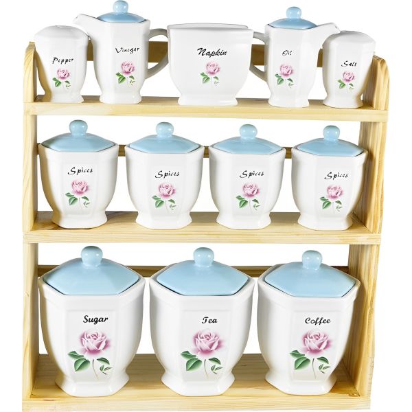 Bavary 12-Piece Rose Patterned Porcelain Spice Jar Set with Wooden Stand - White