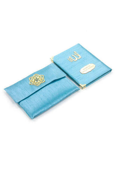 Livre Yasin recouvert de tissu flammé - sac garçon - nom plaque spéciale - marsupial - couleur bleue - cadeau Mevlid