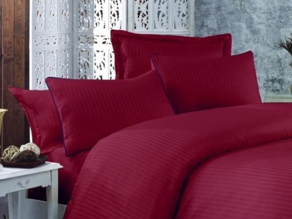 Striped Cotton Satin Duvet Cover Set Claret Red