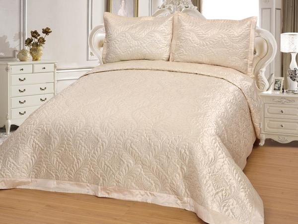 Saten Yatak Örtüsü Seti Çift Kişilik Elmas Krem