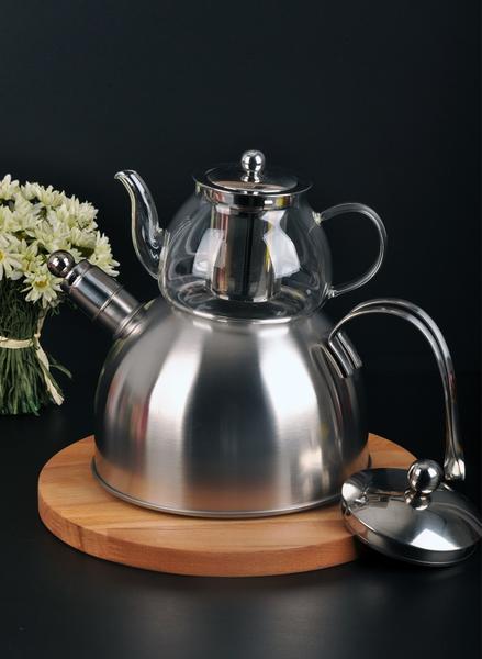 Bayev | Granit Düdüklü Gümüş Cam Çaydanlık