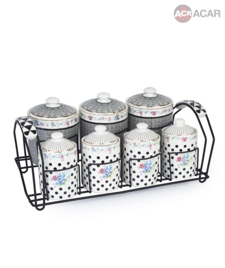 Acar Mutfak | Porselen 7'Li Siyah Beyaz Baharat Takımı