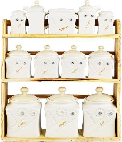 Bavary 12'li Ahşap Standlı Porselen Baharatlık Seti | Krem