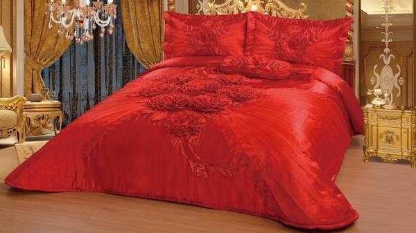 Saten Yatak Örtüsü Seti Hülya Çift Kişilik Kırmızı