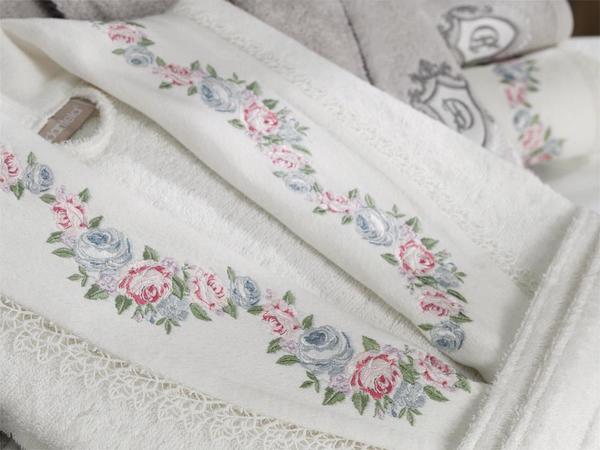 Lara Nakışlı Bambu Bornoz Takımı Krem Taş | Dantela