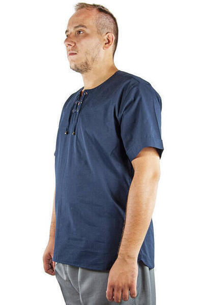 Chemise en lin à manches courtes et à col ras du cou - Bleu marine