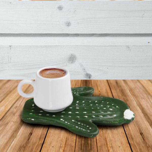 Asaf Seramik Kaktüs Tekli 2 Parça Kahve Fincan Takımı Yeşil