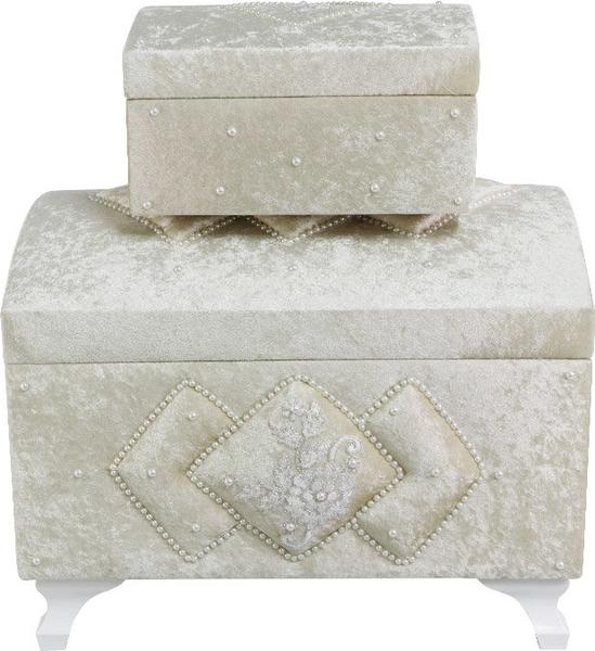 Dekonaz 2'li İnci Süslemeli Kabartmalı Çeyiz Sandığı | Kahverengi | Dts-144-cappucino