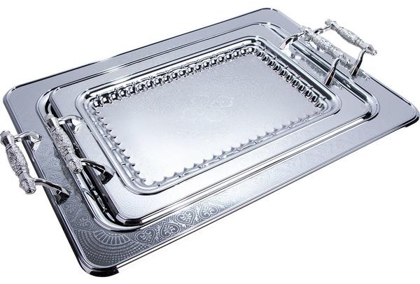 Almina 2‘li İşlemeli Metal Tepsi | Gümüş | Al-4014-7