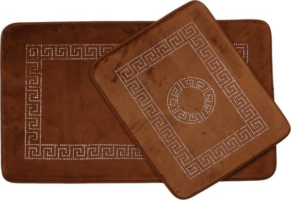 Almina Elegance Parlak Taşlı Banyo Paspas Seti 2 Parça Midi | Kahverengi