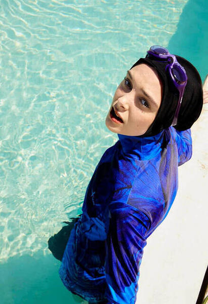 Haşema Baskılı Saks Mavisi Likralı Tam Kapalı Tesettür Mayo H-2808-20