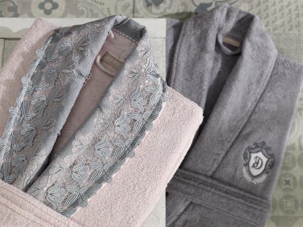 Jasmin 3d Baskılı Dantelli Bambu Bornoz Takımı Pudra Gri | Dantela