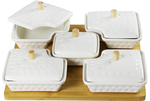 Almina Bambu Tepsili Çerez - Kahvaltı Servis Kase Seti 11 Parça Porselen | Beyaz