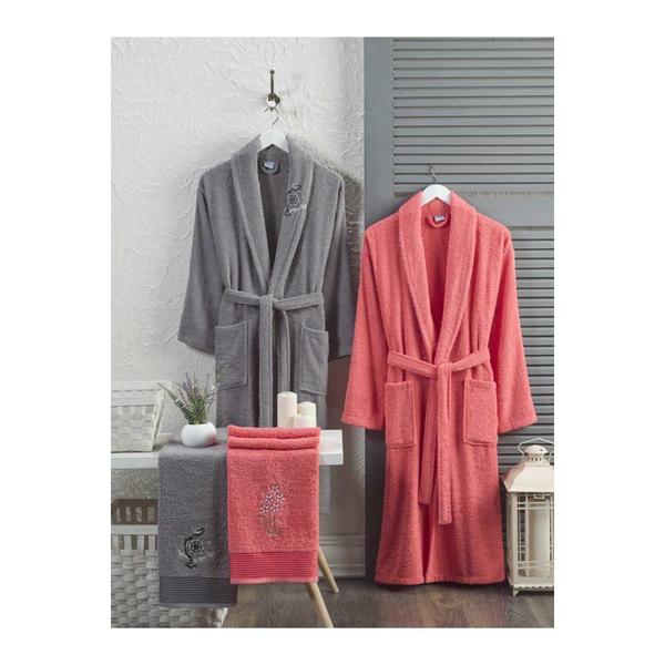 Forev %100 Pamuk Aile Bornoz Seti Gri-Coral L-XL