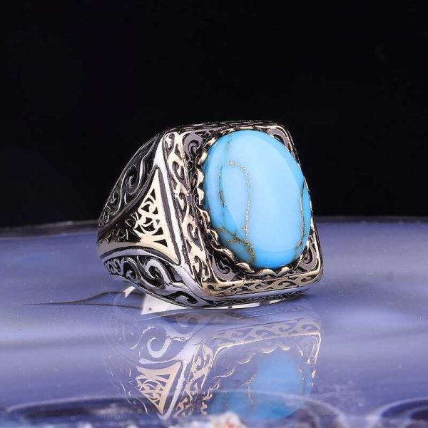 ?Gümüş Turkuaz Taşlı Kare Erkek Yüzük