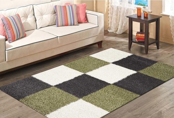 Merinos Shaggy Plus Halı Kare Desenli | Yeşil | 910-Grey-Green