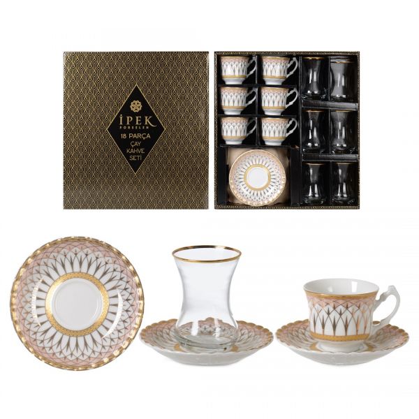 18 PARCA CAY & KAHVE SETI (ANT-100 PORS #OG-6482# GOLD & DMT-303 CAY BARD.) |IPEK-1004