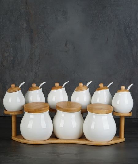 Acar Mutfak | Bambu Standlı 9'Lu Beyaz Baharat Set