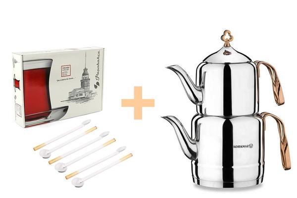 Korkmaz Çintemani Çaydanlık Takımı & 6'lı Cam Kaşık Seti & Üsküdar Çay Bardak Seti Hediyeli !