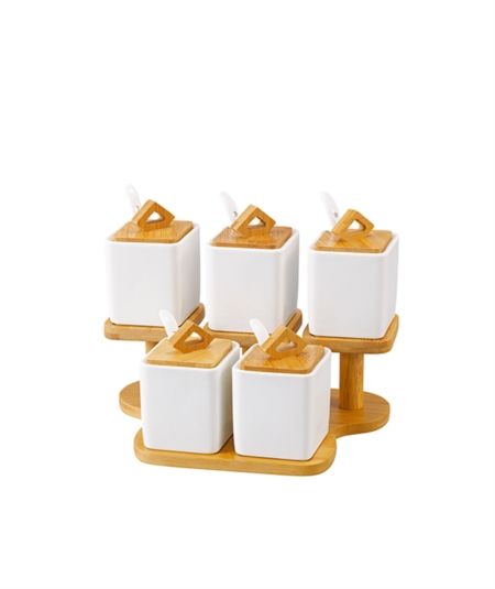 Bambu Kapaklı Porselen 5Li Baharat Takımı