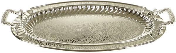 Almina Elegant Oval Tepsi Seti 2 Parça Gümüş Çiçek Desen