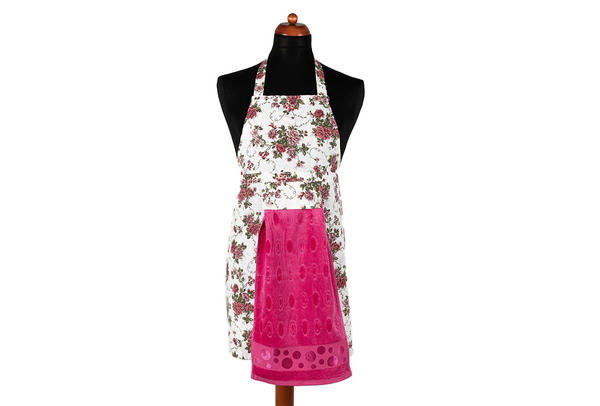 Dekonaz Çiçek Desenli Mutfak Önlüğü | Fuşya Havlu ve El Bezi Hediyeli | 73cm x 59cm