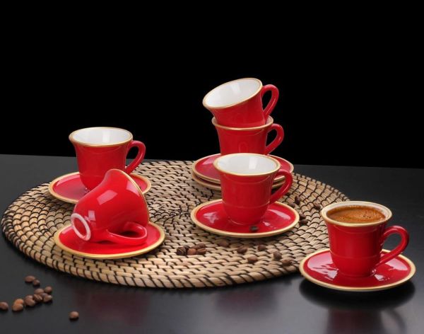 Asaf Seramik 6 Kişilik 12 Parça Kahve Fincan Takımı Kırmızı