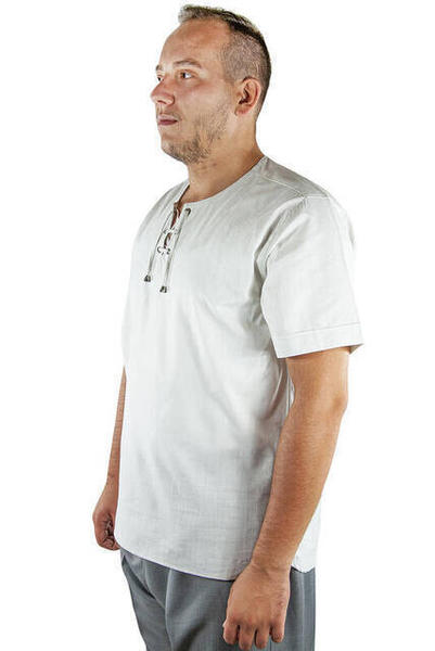 Bisiklet Yaka Rahat Kesim Kısa Kol Keten Gömlek - Gri