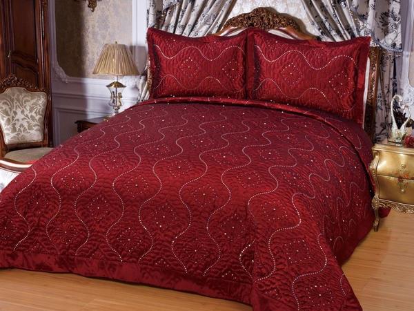 Saten Yatak Örtüsü Seti Çift Kişilik Elmas Bordo