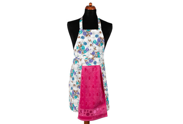 Dekonaz Çiçek Desenli Mutfak Önlüğü | Fuşya Havlu ve El Bezi Hediyeli | 73cm x 59cm