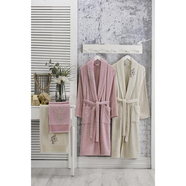 Forev %100 Pamuk Aile Bornoz Seti Pembe-Bej S-M