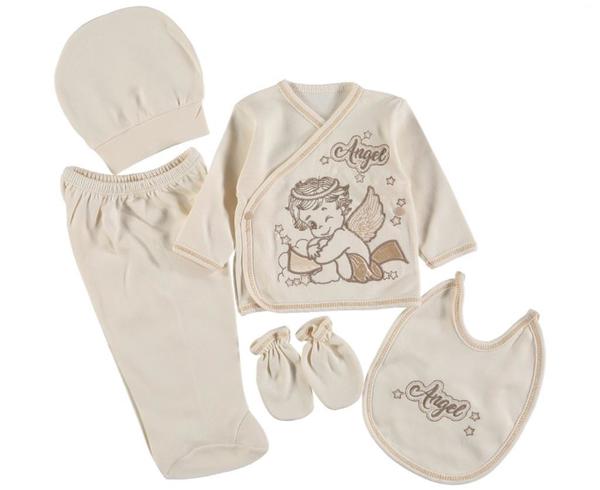 Angel Organik Hastane Çıkışı Bebek Zıbın Seti 5 Parça Bej