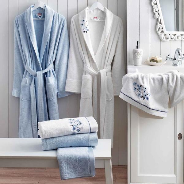 Taç Biancalu Aile Bornoz Seti Mavi&Beyaz 6 Parça