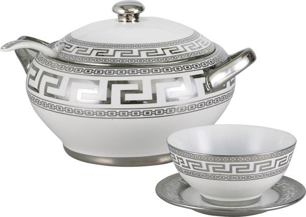 Bavary Fas 39 Parça Porselen Çorba Seti Gümüş Motif | 12 Kişilik | DE-1200G