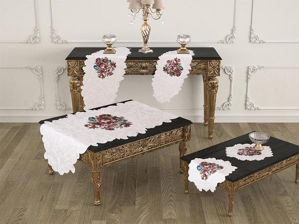 Ambiance Kadife Lüx Nakışlı Salon Takımı Krem