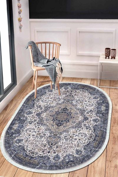 Birkilim Oval Yıkanabilir İpeksi Kaymaz Taban Dekoratif Halı | MLN-IP-O-HT-337