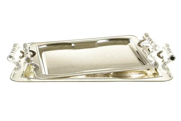 Almina Elegant Tepsi Seti 2 Parça Gümüş Oryantal Desen