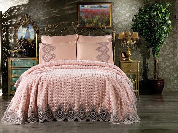 Fransız Güpürlü Sevgi Battaniye Takımı Pudra