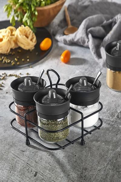 طقم بايف تيترا مكون من 4 برطمانات بهارات زجاجية مع قاعدة معدنية