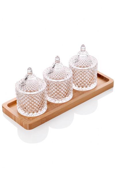 طقم توابل زجاج كريستال مع حامل خيزران