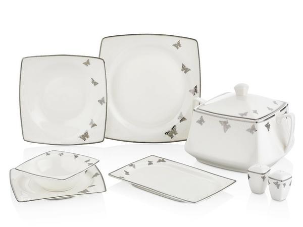 Tac Ekru Terra | 60 Teilig | Tafelservice | Teller-Set | Esservice | Tafel-Set | Porzellan | Weiß & Platinum | Karo | 12 Personen | Hochzeit | Verlobung | Geburtstag | Feier | Tac-2086