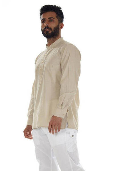 Chemise d'été Hajj Omra en tissu voile à 4 boutons avec col juge beige
