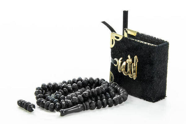 Kadife Kaplı Mini Kuran Kutulu - Tesbihli - Siyah